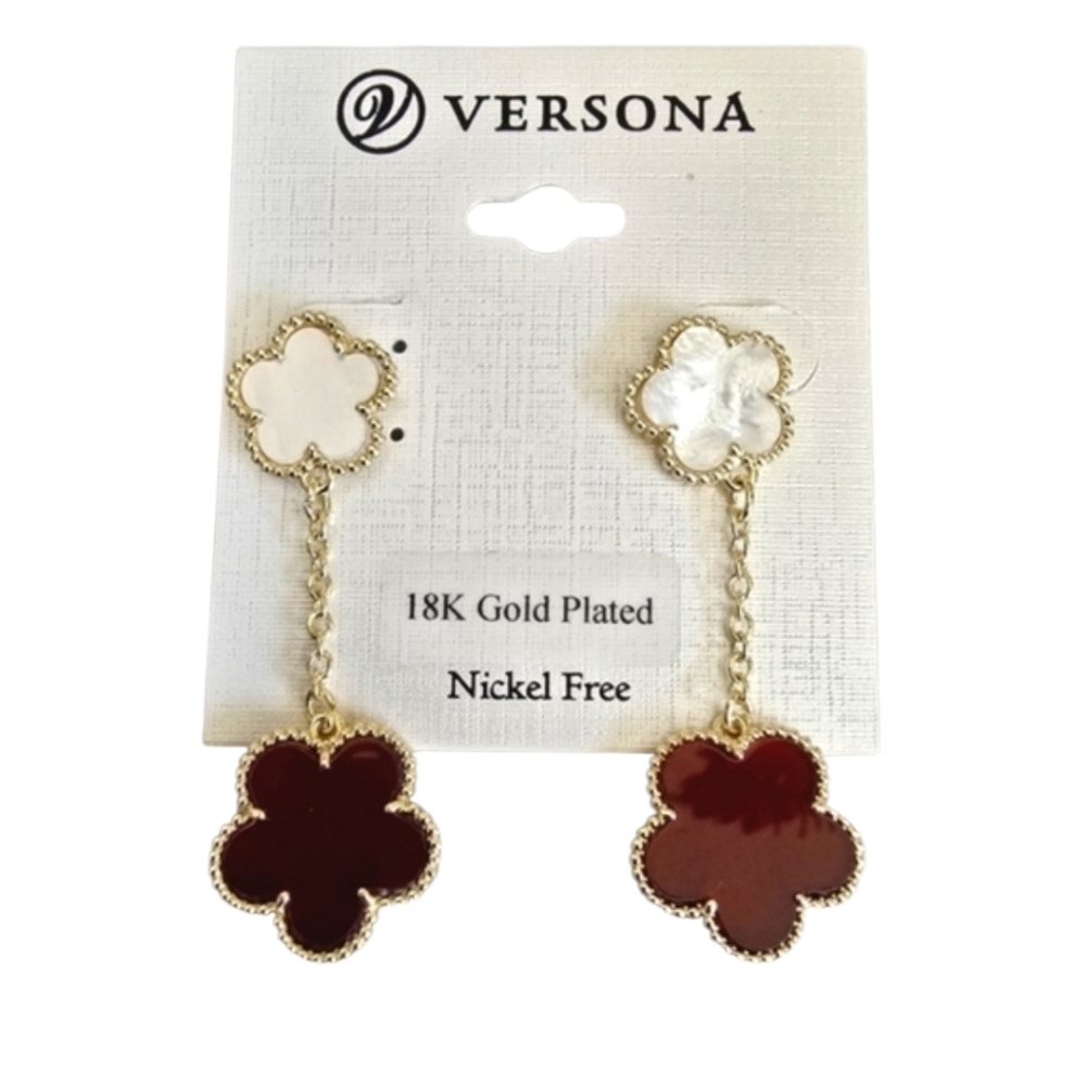 Four Leaf 18K Gold Plated Floral Red Cream Faux Mother of Pearl Chain Earrings